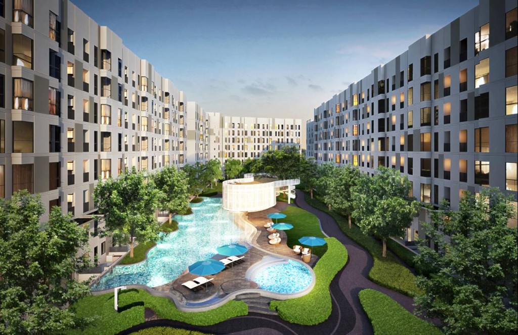 ภาพจำลองบริเวณพื้นที่ส่วนกลางขนาดใหญ่ พร้อมสิ่งอำนวยความสะดวกที่ครบครันบนพื้นที่สีเขียวขนาดใหญ่กว่า 2 ไร่ หรือ ประมาณ 3,800 ตร.ม.