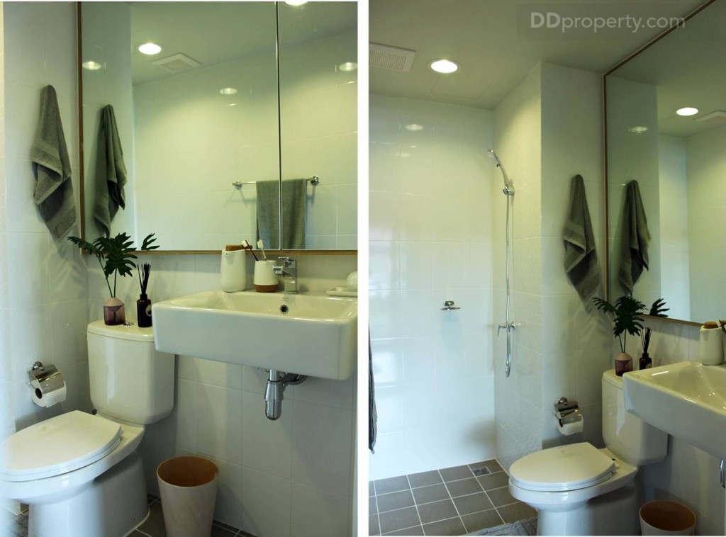 มีการแยกส่วนเปียก-แห้ง แต่ไม่มีฉากกั้นให้ต้องติดกระจกอาบน้ำเอาเอง ส่วนกระจก ไม่ได้บานใหญ่ขนาดนี้นะครับ ของจริงจะกว้างประมาณอ่างล้างหน้า