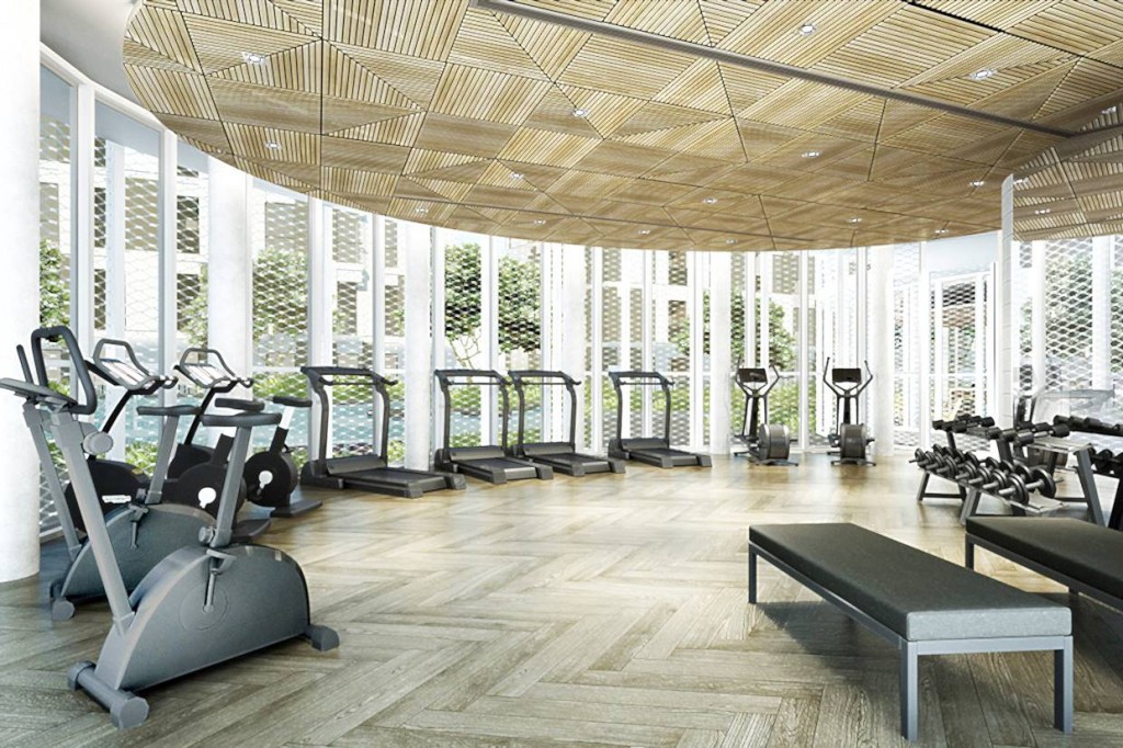 ภาพจำลองภายในห้องออกกำลังกายพร้อมอุปกรณ์มาตรฐาน บริเวณพื้นที่ส่วนกลาง