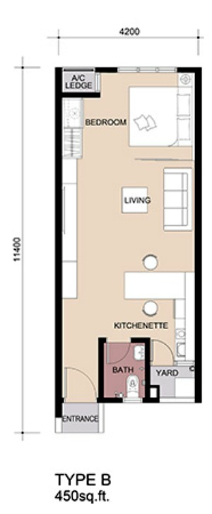 Type B is interesting. At 450sq ft, it is actually a Studio unit but there is a nice flow to the design. A couple could live here quite comfortably.