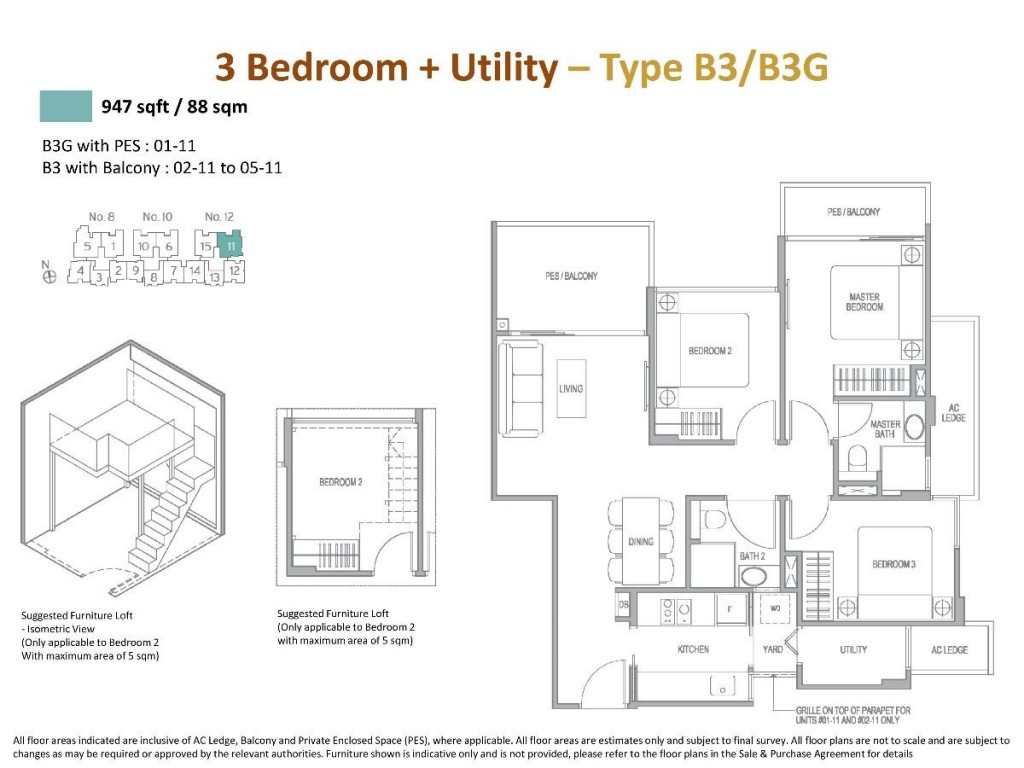 3BR + Utility Source: sales brochure