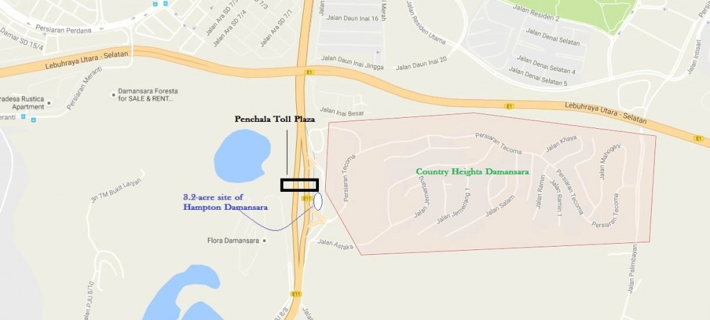 The Google Map above pinpoints the site of high-rise residential development of Hampton Damansara