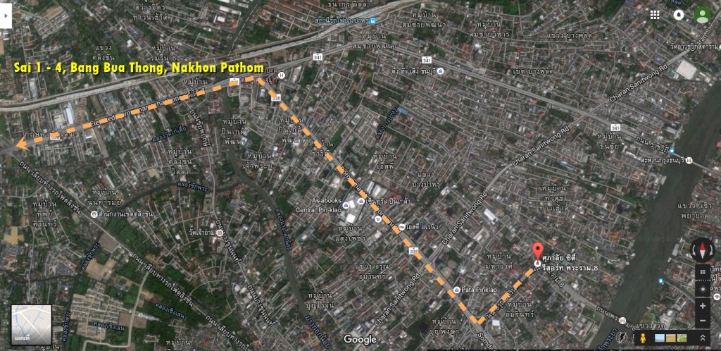 จากด้านหน้าของโครงการให้ทำการกลับรถเพื่อมายังแยกอรุณอัมรินทร์ หลังจากนั้นเลี้ยวขวาจะเข้าสู่เส้น ปิ่นเกล้า – บรมราชนนี