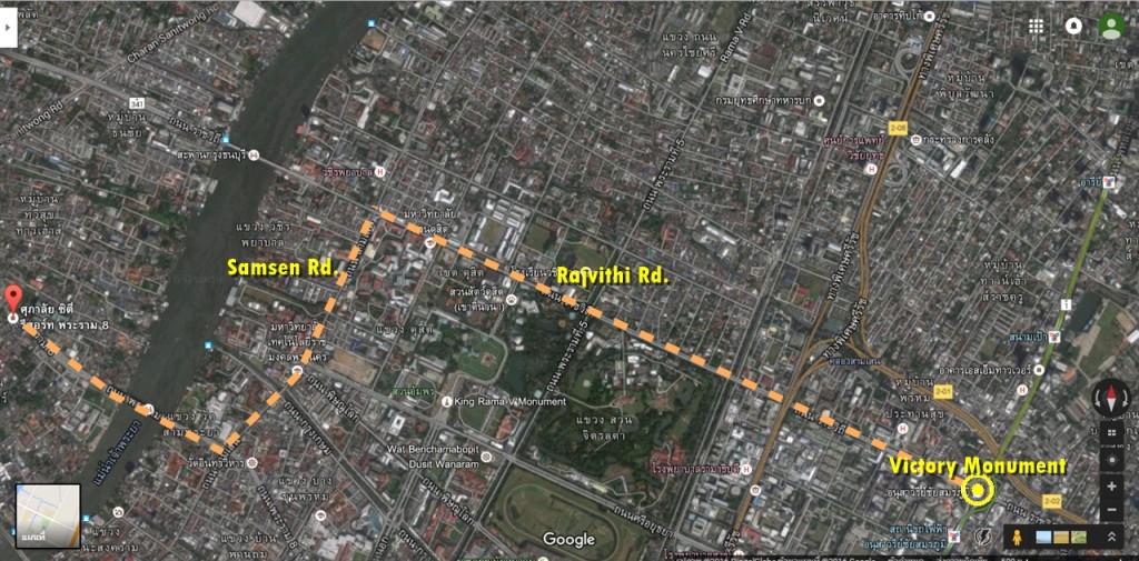 ถนนพระราม 8 ยังเป็นเส้นที่เชื่อมต่อกับ ถนนสามเสน ที่เชื่อมติดกับ ถนนราชวิถี จุดที่สามารถเข้ามายัง อนุสาวรีย์ชัยสมรภูมิ ได้ อนุสาวรีย์ฯ เป็นที่ตั้งของร้านอาหารและจุดแฮงก์เอ้าท์ต่างๆมากมาย อาทิเช่น เซนจูรี่ 21, ร้านสเต๊ก Eat Am Are, ร้านอาหารสไตล์เรโทร ปาเต๊ะ