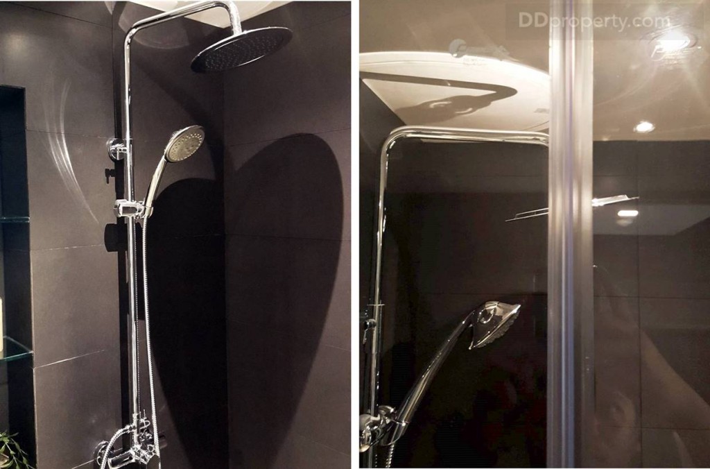 ฉากกั้นอาบน้ำเป็นกระจกนิรภัย พื้นเป็นกระเบื้องแกรนิตโต้ขนาด  60 x 60 ซม. ห้องอาบน้ำมีทั้งแบบฝักบัวธรรมดาและ Rain Shower ยี่ห้อ Rasland โดยทางโครงการได้เดินระบบอุ่นมาให้