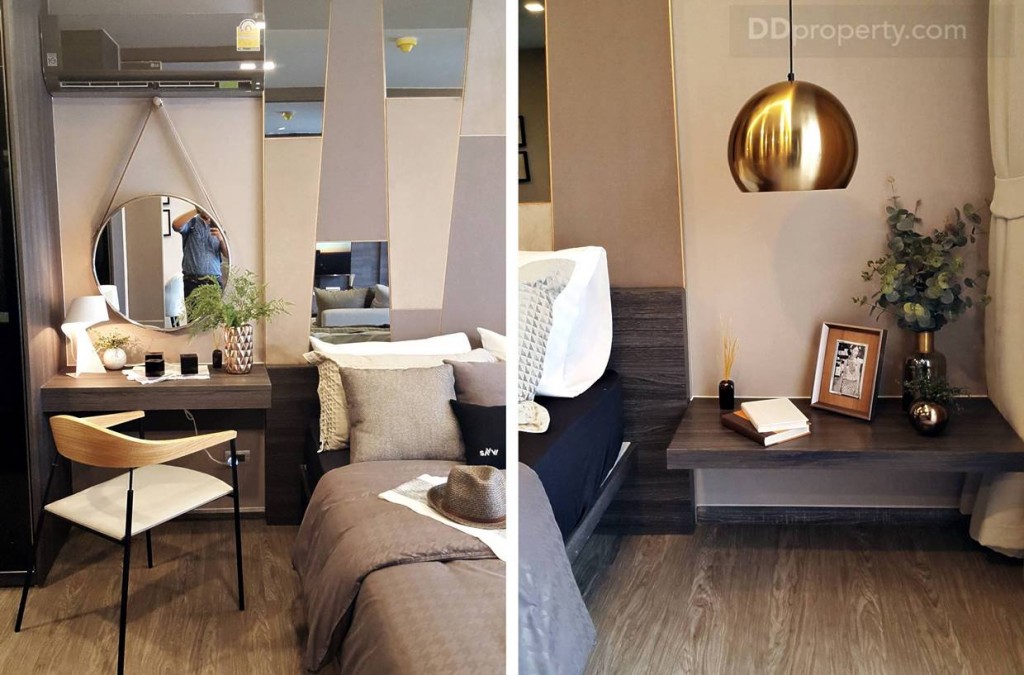 พื้นที่ว่างด้านซ้ายจะเป็นโต๊ะแต่งหน้าแบบบิลท์อินลอยตัว รูปขวาเป็นชั้นวางของ หรือจะเป็นที่วางโคมไฟก็ได้ตามแต่ความพอใจ