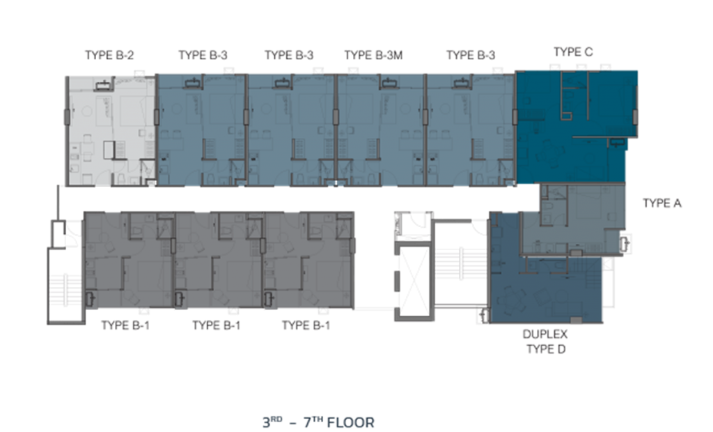 พื้นที่ชั้น 3-7 เป็นพื้นที่อยู่อาศัยทั้งหมด มียูนิตเฉลี่ยต่อชั้นประมาณ 11 ยูนิต