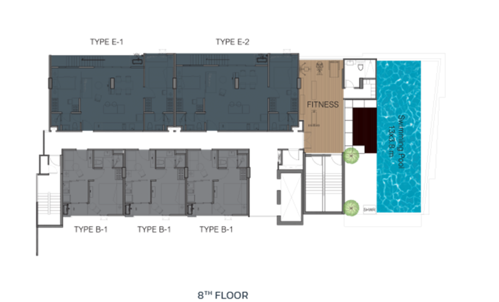 พื้นที่ชั้น 8 จะเป็นชั้นที่มีห้องแบบ 2 ห้องนอนอยู่ และจะมีสิ่งอำนวยความสะดวก อาทิ  สระว่ายน้ำแบบ Infinity Edge Pool ระบบเกลือ ขนาด 13 x 3.8 เมตร และห้องฟิตเนสขนาด 8 x 4 เมตร โดยประมาณ พร้อมอุปกรณ์มาตรฐาน พร้อมพื้นที่สวนบนชั้นดาดฟ้า