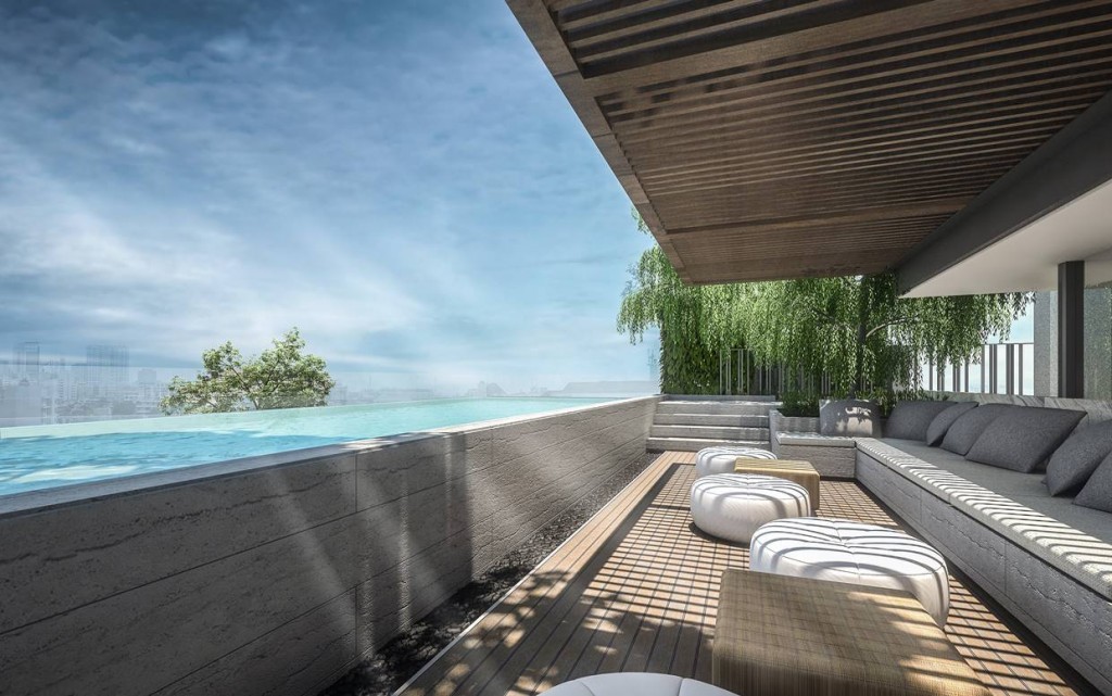 บริเวณที่นั่งพักผ่อนบริเวณสระว่ายน้ำ ตกแต่งในสไตล์โมเดิร์น เจแปนนิส ที่ดูเรียบง่าย สบายๆ