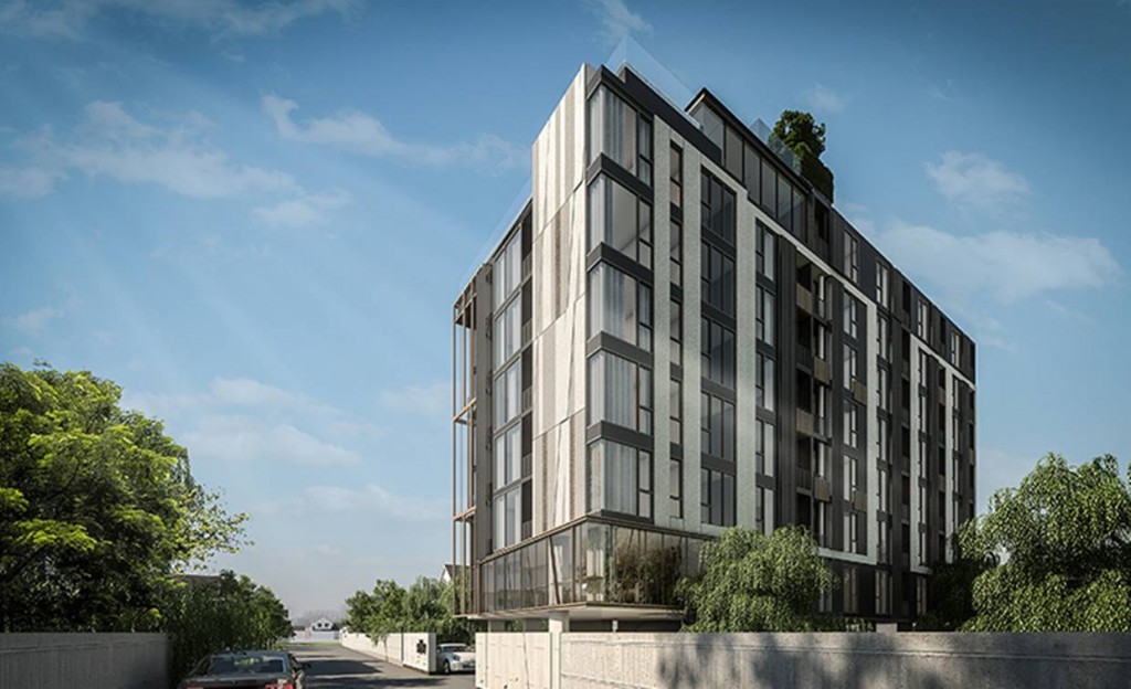 ภาพจำลองของโครงการแซฟวี่ พหลโยธิน-อารีย์ที่ถูกออกแบบในสไตล์โมเดิร์น สีตัวโครงการเน้นสีขาว เทา ดำดูเรียบๆ แต่ทันสมัย