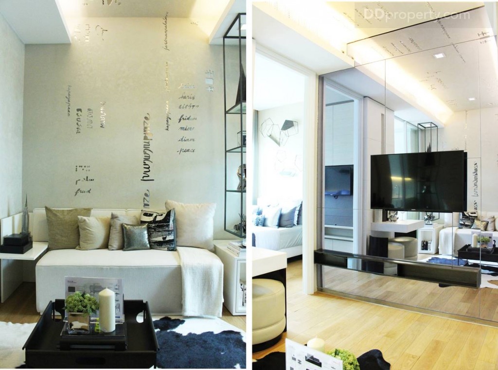 ฝ้าเพดานข้องห้องนั่งเล่นจะสูง 2 ระดับคือ 2.60 และ 2.90 เมตร มีการดร็อปฝ้า และซ่อนไฟ