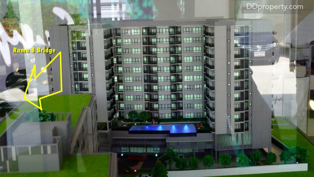 ยูนิตฝั่งตะวันออกจากด้านหน้าโครงการจะได้วิวสะพานพระราม 8 และแม่น้ำเจ้าพระยา