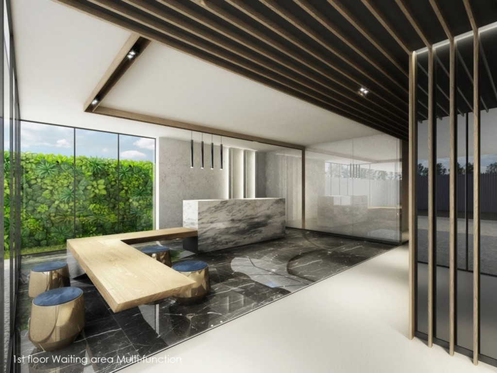 ชั้นที่ 1 ใช้เป็นจุดต้อนรับผู้มาติดต่อบริษัท มีการบิ้ลท์อินเคาน์เตอร์หินอ่อนให้รวมถึงพื้นที่ถูกปูด้วยหินอ่อนเกรดพรีเมี่ยม