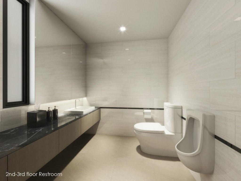 ห้องน้ำภายในยูนิตตกแต่งด้วยผนังและพื้นกระเบื้องแกรนิโต