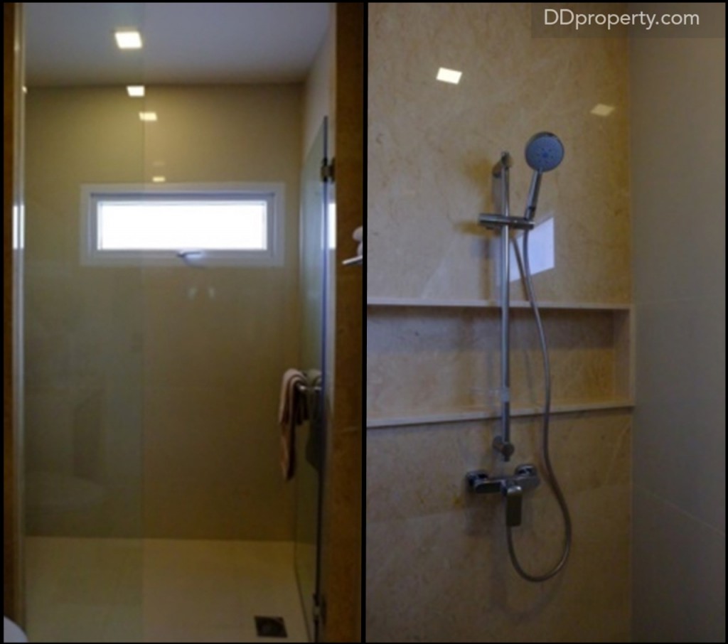 ภายในห้องน้ำอุปกรณ์ shower, สุขภัณฑ์ (Cotto), spec พื้น, ผนังและงานบิลท์อินทั้งหมดเป็นแบบเดียวกับห้องทำงานและห้องนอนก่อนหน้าที่อยู่บนชั้นเดียวกัน