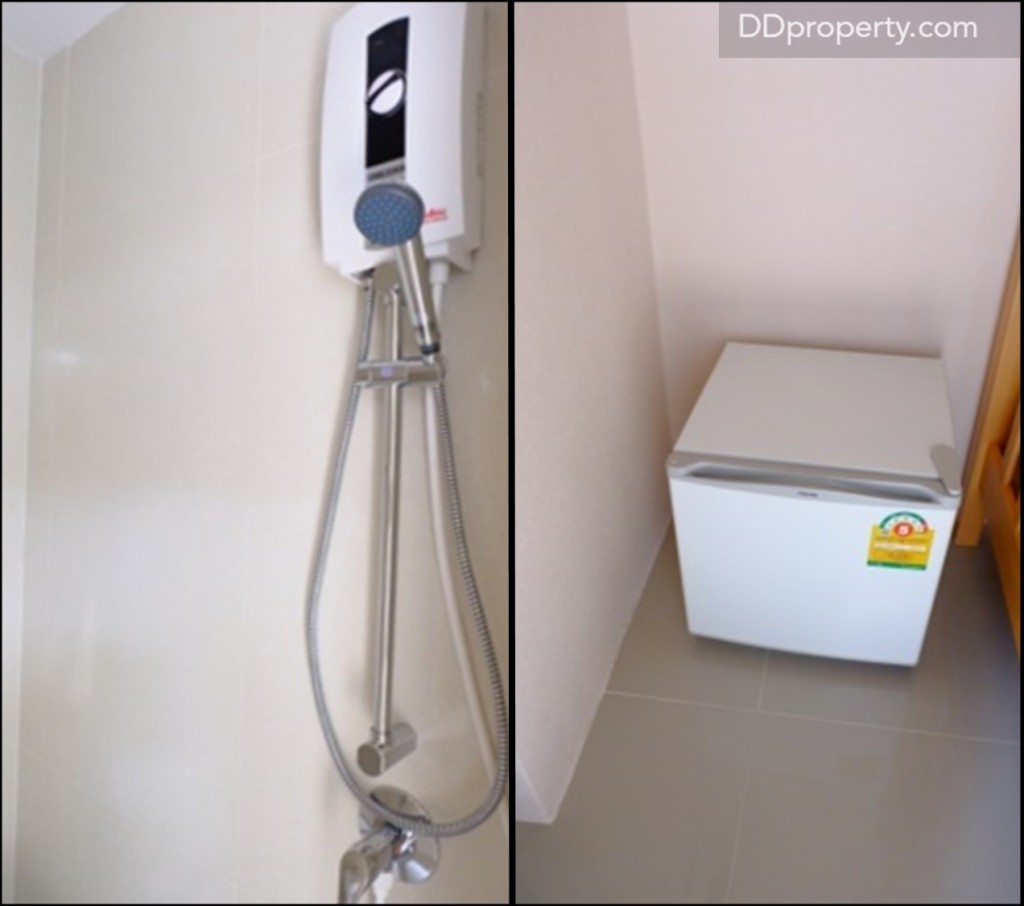 ห้องแม่บ้านมาพร้อมกับเครื่องใช้ไฟฟ้าพื้นฐานอย่างเครื่องทำน้ำอุ่น Panasonic และตู้เย็นขนาดเล็กแบรนด์เดียวกัน 