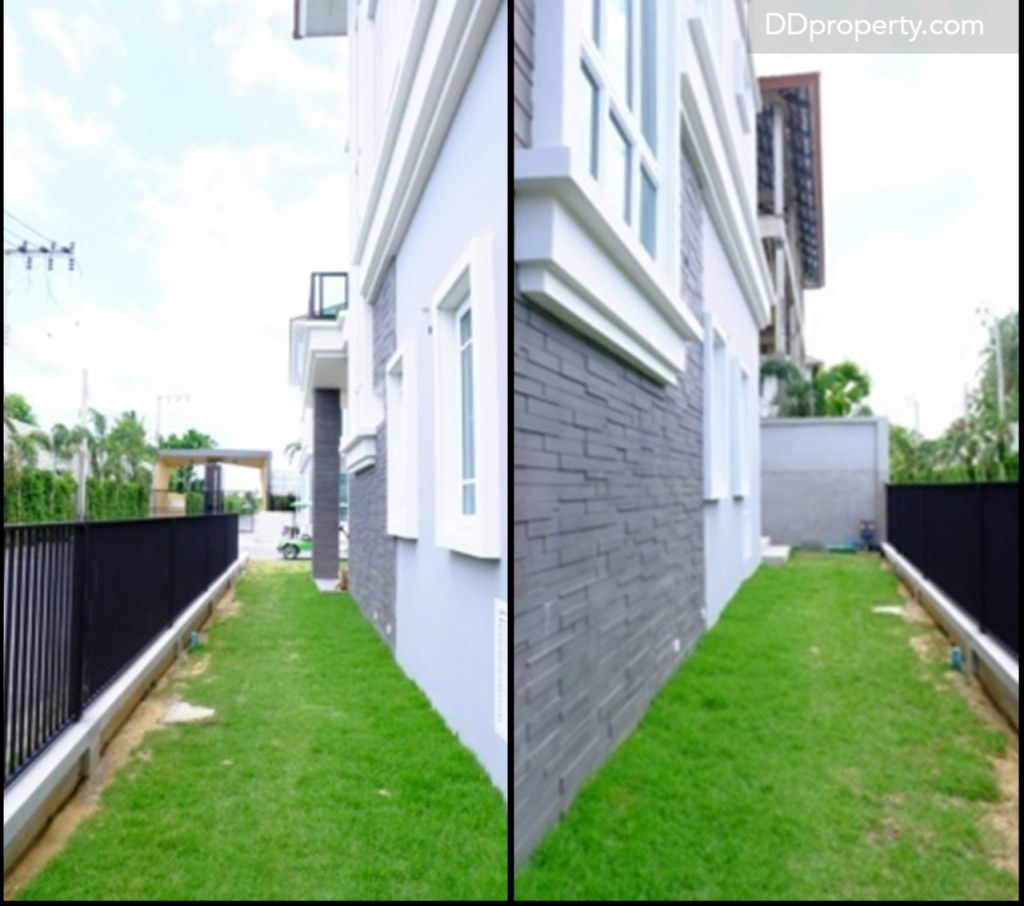  พื้นที่ด้านข้างตัวบ้านมีขนาดประมาณ 1 เมตร โครงการทำการปูหญ้ามาให้สำหรับทั้งบ้านตัวอย่างและบ้านเปล่า 