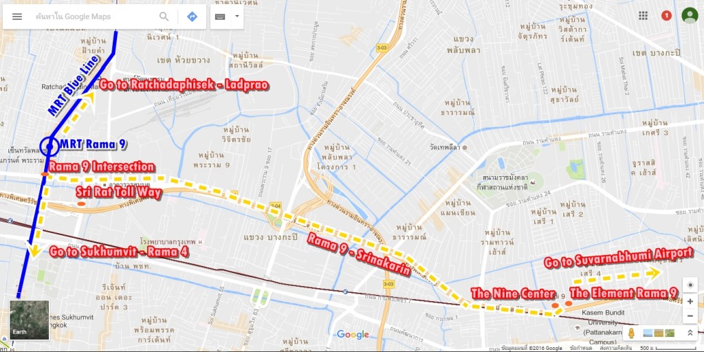 จากแยกพระราม 9 ให้เลือกเข้าใช้ถนนเส้น พระราม 9 - ศรีนครินทร์ (ถนนที่สามารถเข้า RCA ได้) หลังจากนั้นตรงมาเรื่อยๆจนพบกับ พระราม 9 ซอย 11