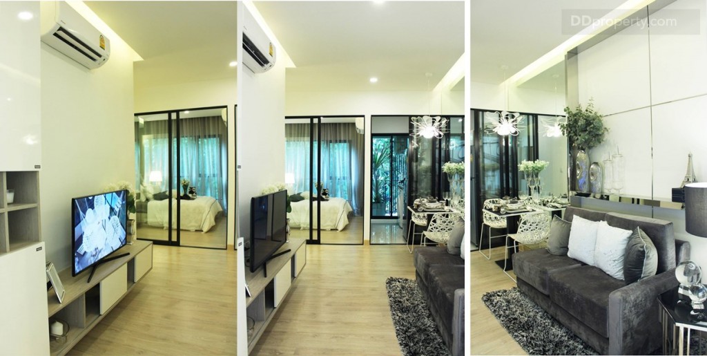 ระยะความสูงจากพื้นถึงฝ้า 2.6 ม. ดวงไฟเป็นแบบดาวน์ไลท์ พื้นห้องไม้ลามิเนตลายไม้ หนา 8 มม. ในพื้นที่ห้องนั้งเล่น ตรงผนังเหนือฝั่งชุดชั้นวางของ ทางโครงการจะติดเครื่องปรับอากาศให้ชนิด Wall Type ของ Daikin หรือเทียบเท่า