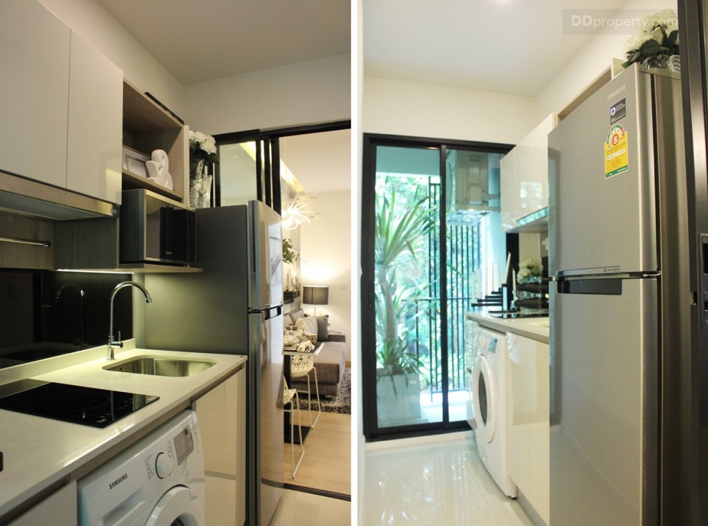 ชุดครัวแบบบิวท์อินให้มาพร้อมกับห้อง ส่วนเคื่องใช้ไฟฟ้าไม่มีให้ ส่วนพื้นครัวเป็นพื้นกระเบื้อง