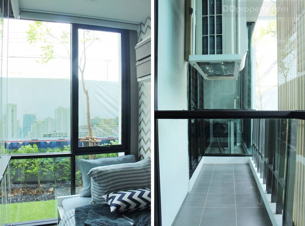 หัวเตียงจะเป็นบานกระจกเข้ามุม มีหน้าต่างบ้านกระทุ้ง 1 บาน เพื่อระบายอากาศ ส่วนการที่ทางโครงการใช้กระจกเข้ามุมทำให้เปิดมุมมมองภายในห้องทำให้ห้องไม่ได้อึดอัด