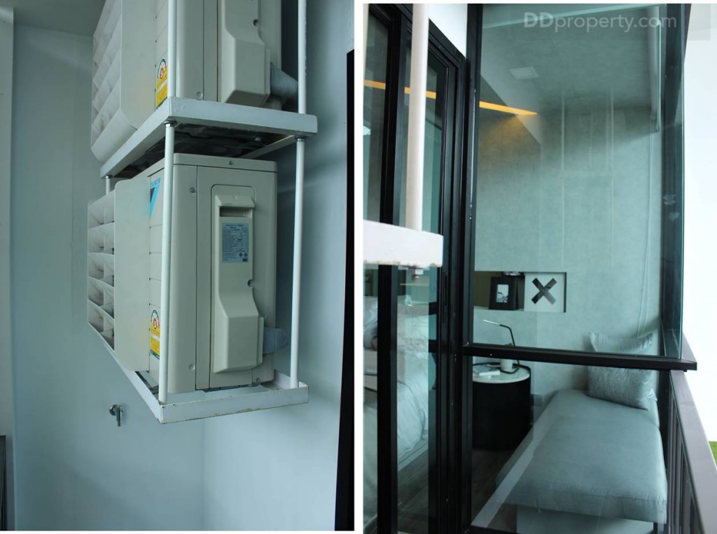 พื้นที่ระเบียงมีการวางคอมเพรสเซอร์แอร์แบบลอยตัว เพื่อวางเครื่องซักผ้า แต่ใช้ได้แบบฝาหน้านะครับเพราะฝาบนติด พร้อมกระจกเข้ามุม