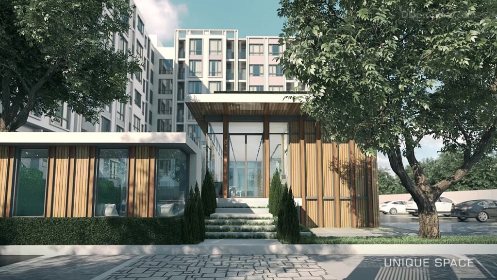 ภาพจำลอง ตัวอาคารใช้สีขาว-เทา ให้ความรู้สึกเรียบหรูสไตล์โมเดิร์น 