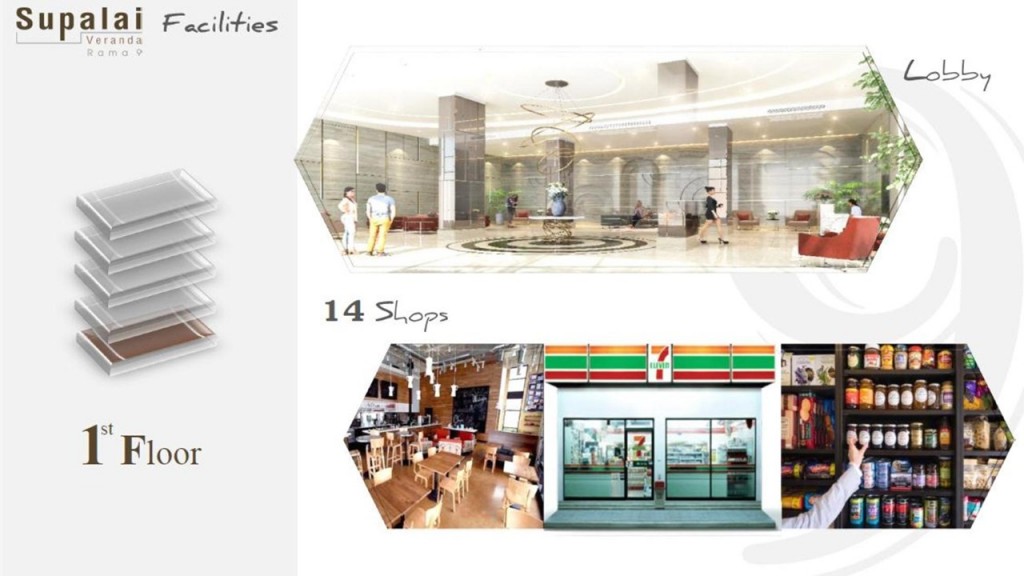 ชั้น 1 จะประกอบไปด้วยโถงล็อบบี้ขนาดใหญ่ และร้านค้า ร้านสะดวกซื้อกว่า 14 ร้าน