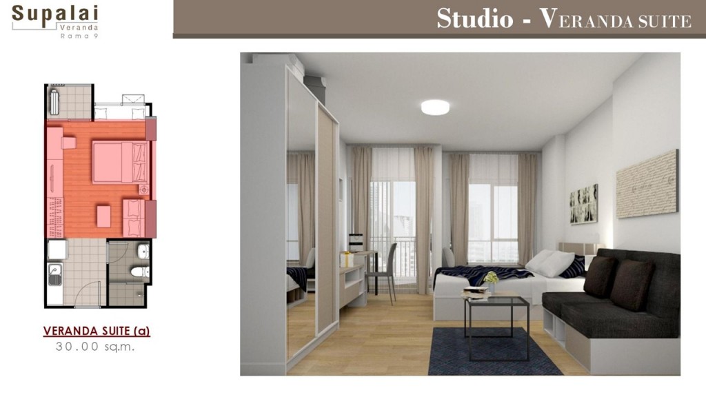 ผังห้อง Studio แบบ Veranda Suite ขนาด 30 ตารางเมตร