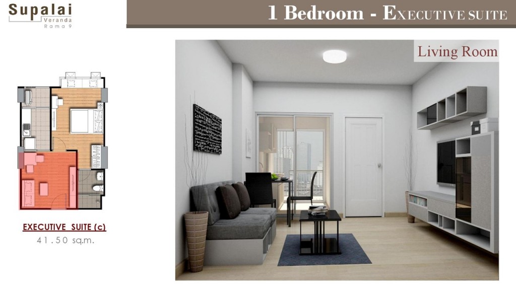 ผังห้อง 1 Bedroom แบบ Rama 9 Suite ขนาด 37.5 ตารางเมตร