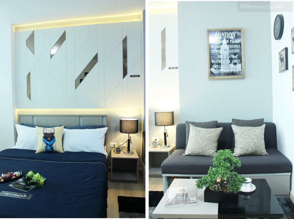 ห้องนั่งเล่นกับห้องนอนจะอยู่รวมกัน โซฟาจะอยู่ข้างๆ กับเตียง ตู้ข้างเตียงขนาด 40 x 40 x 40 ซม. ขั้นกลาง