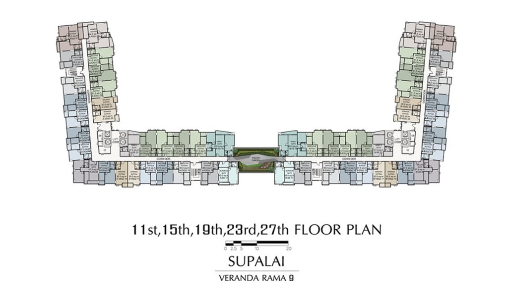 ผังอาคารชั้น 11, 15, 19, 23, 27  เป็นชั้นพักอาศัยที่มีทางเชื่อมอาคารระหว่าง 2 ตึก ซึ่งเป็น Pocket Garden