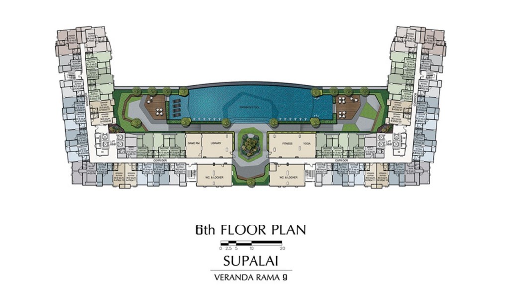 ผังโครงการชั้น 6 ตัวอาคารเป็นรูปตัว U โอบล้อม Facilities ที่ประกอบด้วยสวนและสระว่ายน้ำ กว่า 50 เมตร โดยแบ่งการใช้งานเป็นสระเด็ก ยาว 6.30 เมตร พื้นที่พักผ่อน pool-beds ยาว 6.15 เมตร สระผู้ใหญ่ยาว 40 เมตร