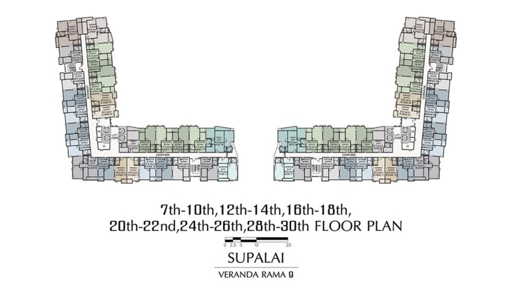 ผังอาคารชั้น 7, 10, 12, 14, 16, 18, 20, 22, 24, 26 และชั้น 28 – 30 จะเป็นห้องพักอาศัยทั้งหมด โดยตัวอาคารจะแยกออกเป็น 2 ตึก โถงทางเดินเป็น Double Corridor
