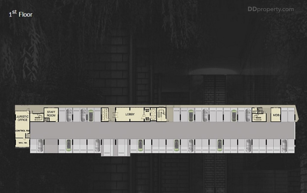 อาคาร A : ชั้นล่างโถงต้อนรับ, สำนักงานนิติบุคคล, ตู้จดหมาย, ห้องซักรีด, ที่จอดรถ