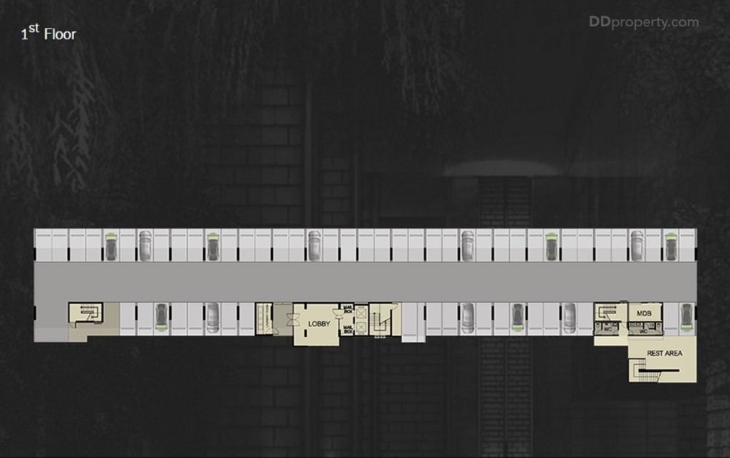 อาคาร B : ชั้นล่างโถงต้อนรับ, ตู้จดหมาย, ห้องซักรีด, ที่จอดรถ