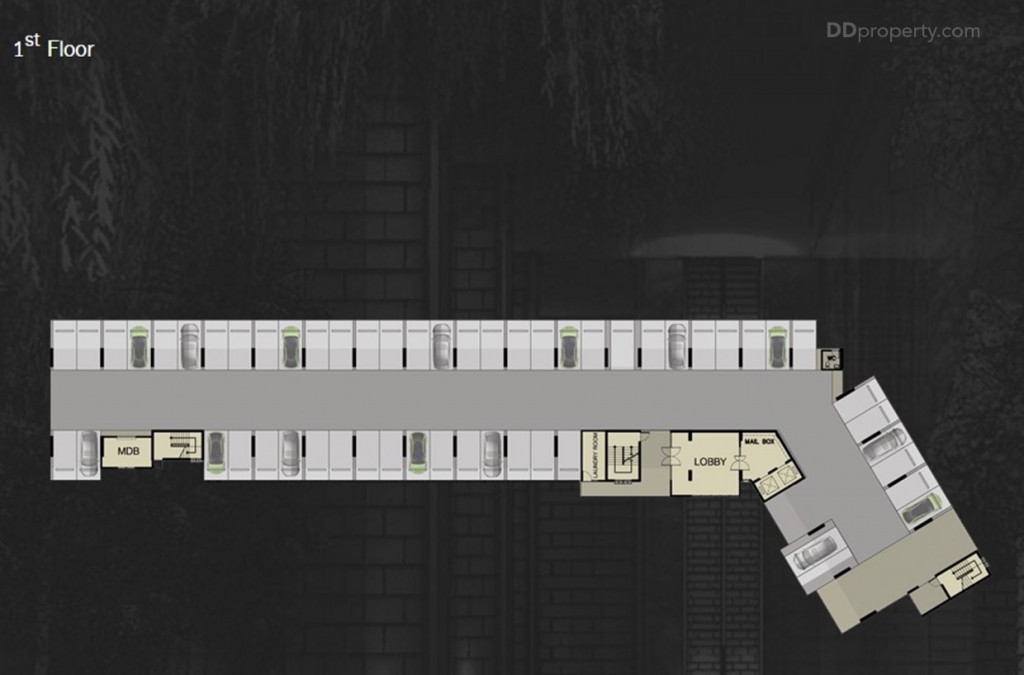 อาคาร C : ชั้นล่างโถงต้อนรับ, ตู้จดหมาย, ห้องซักรีด, ที่จอดรถ