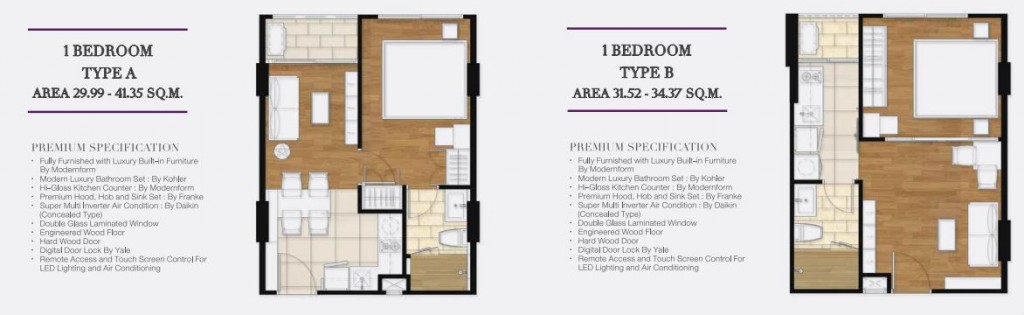 แบบ 1 ห้องนอน ขนาด 29.99 – 41.35 ตร.ม. มีทั้งหมด 117 ยูนิต