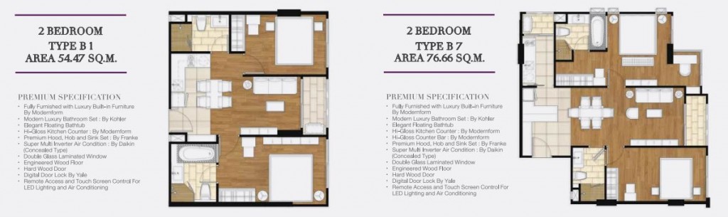 แบบ 2 ห้องนอน ขนาด 54.47 – 76.66 ตร.ม. มีทั้งหมด 42 ยูนิต