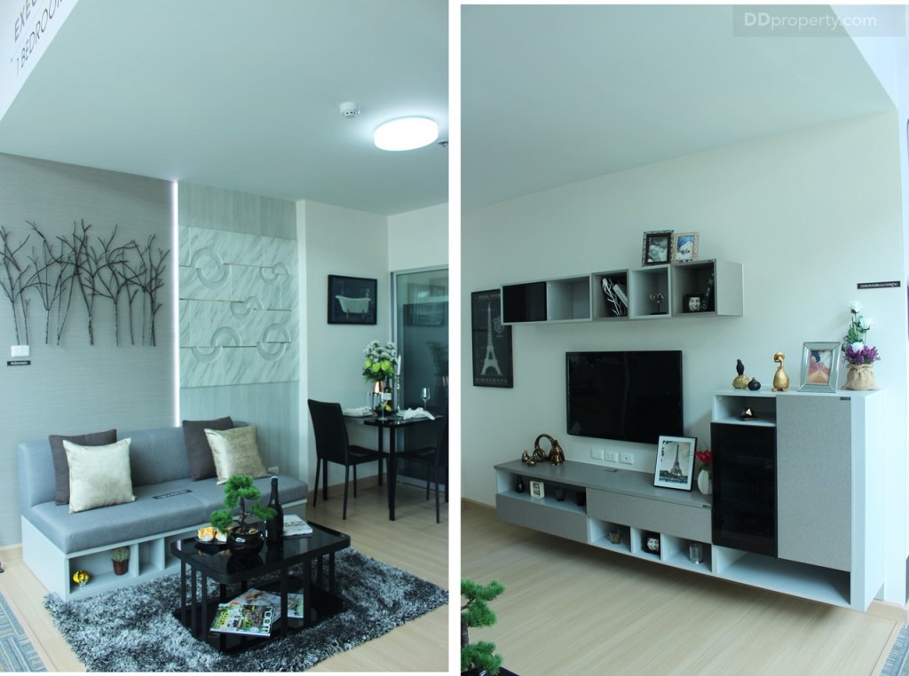 เข้ามาภายในห้องฝั่งซ้ายมือของทางเข้าจะเป็นโซฟา และโต๊ะ ส่วนขวามือจะเป็นส่วนของชั้นวางทีวี ไฟติดเพดานเป็นโคมซาลาเปา เพดานห้องสูง 2.6 เมตร ผนังห้องติดวอลเปเปอร์ ตามแบบมาตาฐานของโครงการ