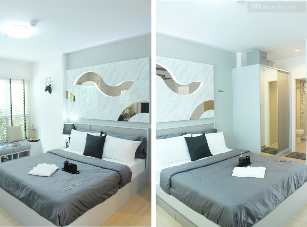 ไฟเพดานห้องนอนเป็นโคมซาลาเปา มีไฟดาวน์ไลท์บริเวณหน้าห้องน้ำ เตียงที่ให้มาเป็นเตียง 5 ฟุต พร้อมที่นอนสปริงขนาด 5 ฟุต ลิ้นชักเก็บของฝั่งซ้ายของเตียง ฝั่งขวางของเตียงจะเป็นตู้เสื้อผ้าและห้องน้ำ