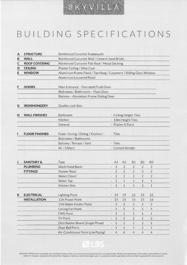 Skyvilla unit specifications