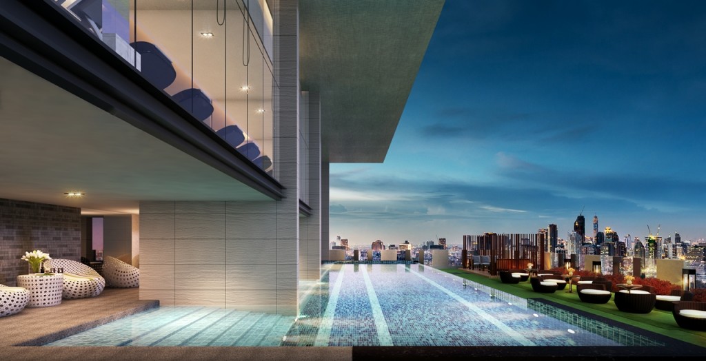 ภาพจำลองสระว่ายน้ำบนชั้น 8 กว้าง 8 ม. ยาว 16 ม. มีทั้งสระเด็กและสระผู้ใหญ่