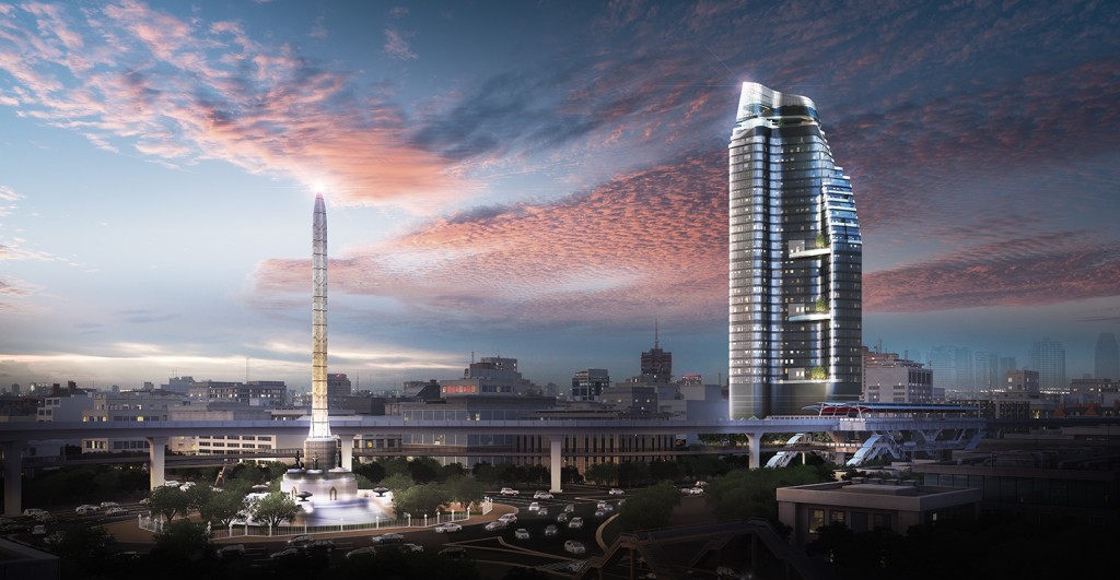ภาพ perspective แสดงบรรยากาศของโครงการ ที่มีจุดขายสามารถมองเห็นอนุสาวรีย์ชัยสมรภูมิ