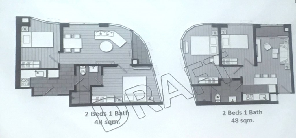 ตัวอย่างแปลนห้องยูนิต 2 ห้องนอน ซึ่งอยุ่ด้านมุม  ของโครงการ ไอดีโอ คิว วิคตอรี (Ideo Q Victory)