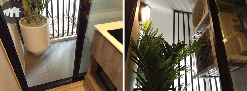 ครัวกับระเบียงก็มีประตูกระจกบานเลื่อนกั้นให้ ซึ่งระเบียงห้องนี้จะกะทัดรัดกว่าแบบแรก แต่ก็ออกไปยืนรับลมเย็นๆ ได้ ซักล้างได้