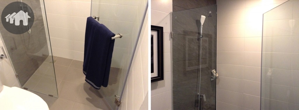 พื้นที่ส่วนเปียกของห้องน้ำกรุผนังและปูพื้นด้วยกระเบื้องเซรามิคโทนสีเรียบ เพื่อให้ง่ายต่อการทำความสะอาด มีฉากกั้นอาบน้ำให้ พร้อมชุดฝักบัวและที่วางสบู่ ซึ่งหากมีของใช้จำเป็นมากกว่านี้ก็ทำชั้นวางของเพิ่มเติมได้บริเวณผนังห้องน้ำ