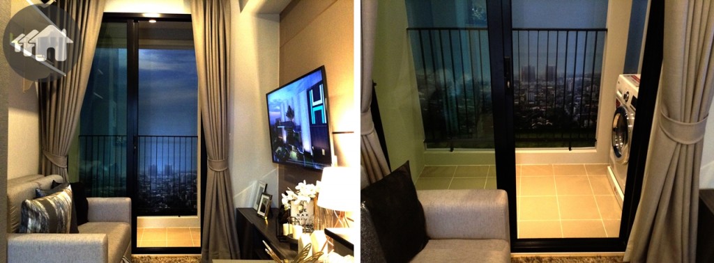 โซนนั่งเล่นจัดวางในลักษณะเช่นเดียวกันกับแบบแรก แต่ด้วยพื้นที่ที่กว้างกว่า สามารถวางโซฟาเลิฟซีทซึ่งมีที่นั่งมากกว่า นอกจากนี้ก็เชื่อมต่อกับระเบียงด้วยเช่นกันโดยด้านนอกก็เป็นพื้นที่สำหรับซักล้าง วางเครื่องซักผ้าได้เช่นเดียวกัน