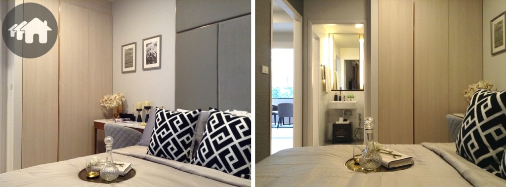 พื้นที่ข้างหัวเตียงวางโต๊ะเครื่องแป้งหรือโต๊ะนั่งอ่านหนังสือได้ ซึ่งแบบแรกก็วางได้เช่นกัน ส่วนตู้เสื้อผ้าก็บิลท์อินชิดผนังไว้ให้เป็นไอเดีย ซึ่งก็เป็นทรงสูงจากพื้นถึงเพดาน จุเสื้อผ้าได้มากพอสมควร