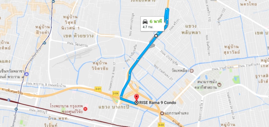 แผนที่จากกูเกิลแสดงเส้นทางจากโครงการถึงทางด่วนรามอินทรา – อาจณรงค์ 